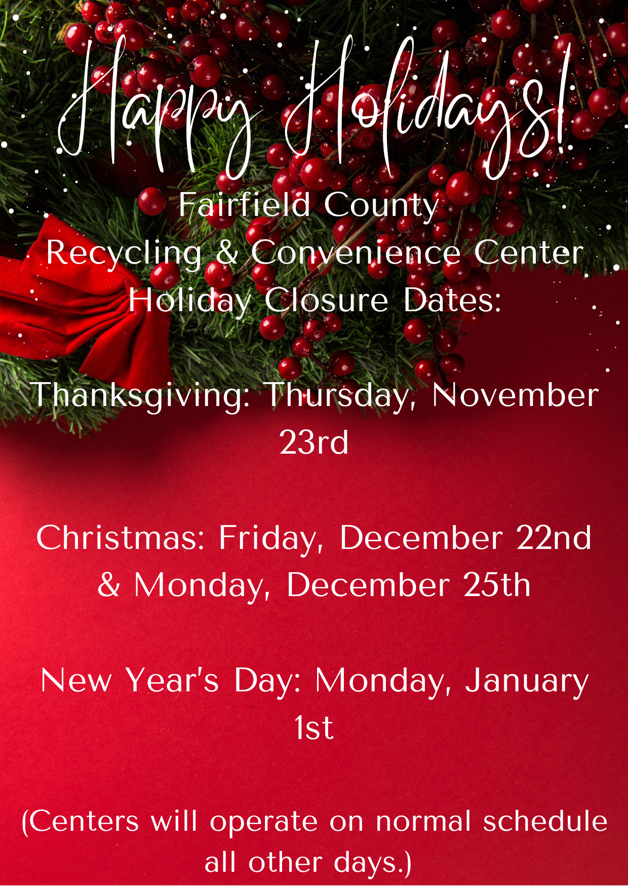 Featured image for Fairfield County Recycling & Convenience Centers Holiday Schedule