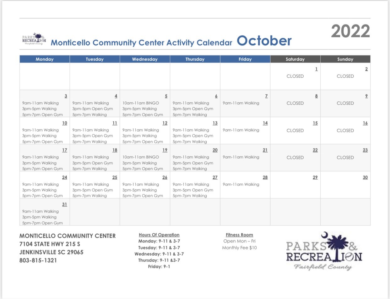 Image for: October 2022 Monticello Community Center Calendar