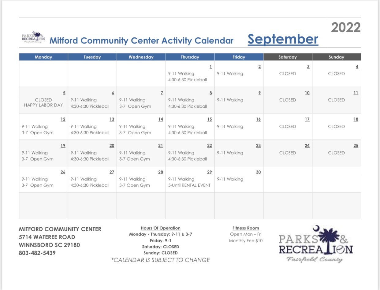 Image for: October 2022 Mitford Community Center Calendar