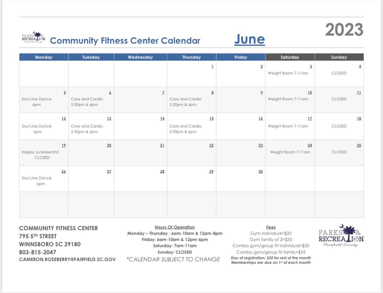 Image for: June 2023 Community Fitness Center Calendar