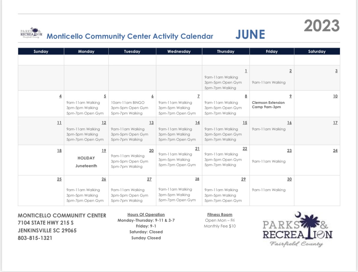 Image for: June 2023 Monticello Community Center Calendar