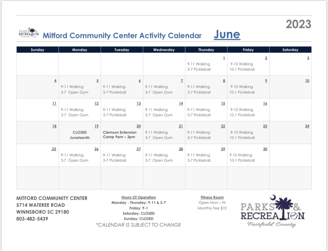 Image for: June 2023 Mitford Community Center Calendar