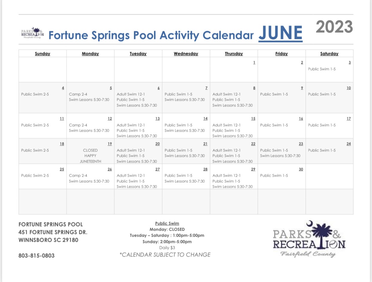 Image for: June 2023 Fortune Springs Pool Calendar 
