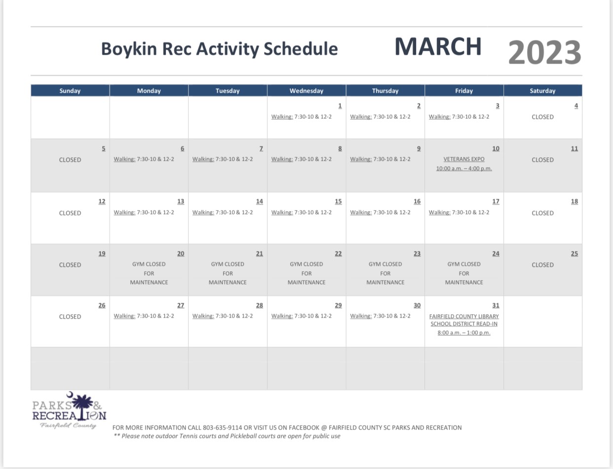 Image for: March 2023 Boykin Recreation Center Calendar