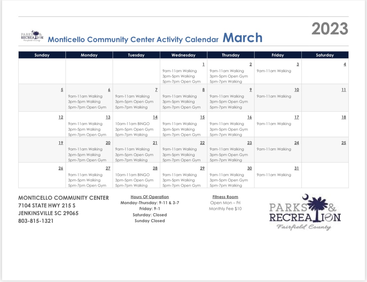Image for: March 2023 Monticello Community Center Calendar