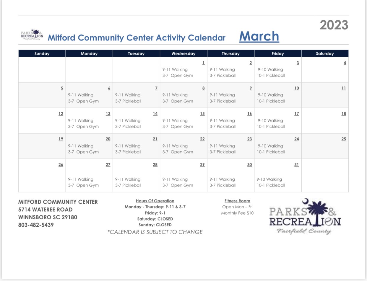 Image for: March 2023 Mitford Community Center Calendar