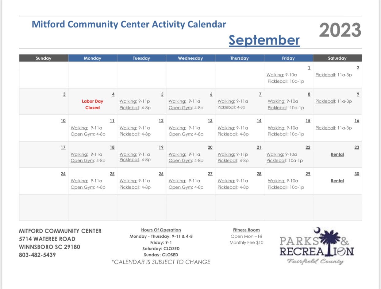 Image for: 2023 September Mitford Community Center Calendar