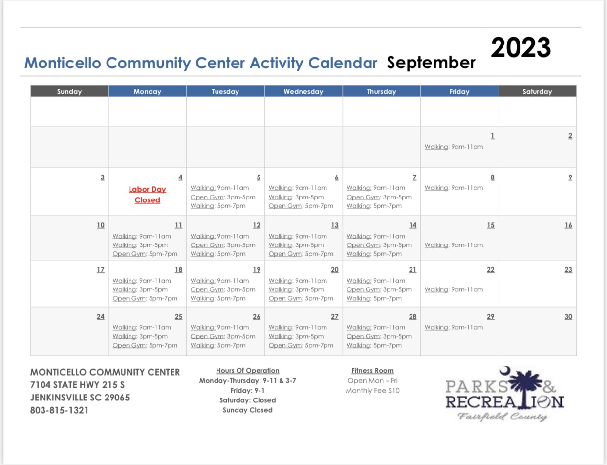 Image for: 2023 September Monticello Community Center Calendar