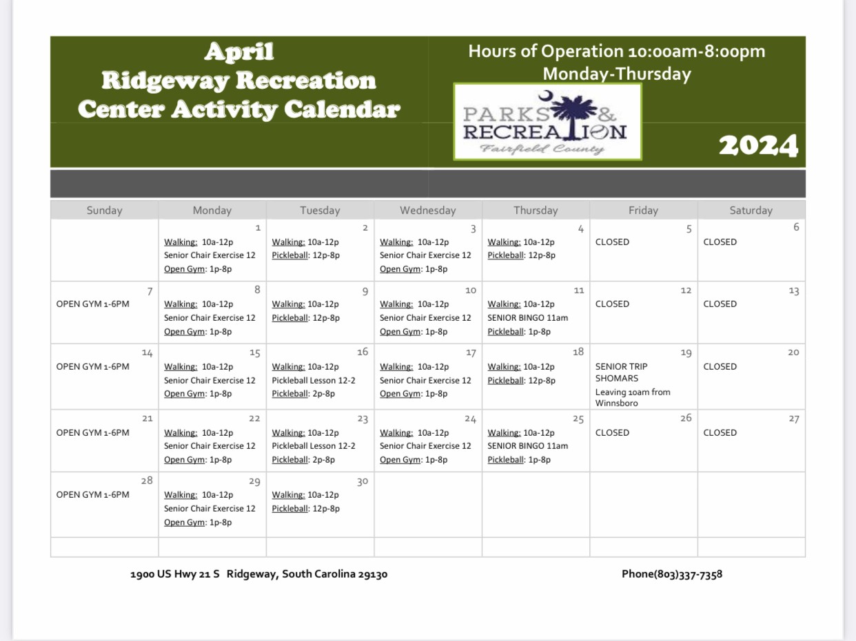 Image for: 2024 April Ridgeway Recreation Center Activity Calendar