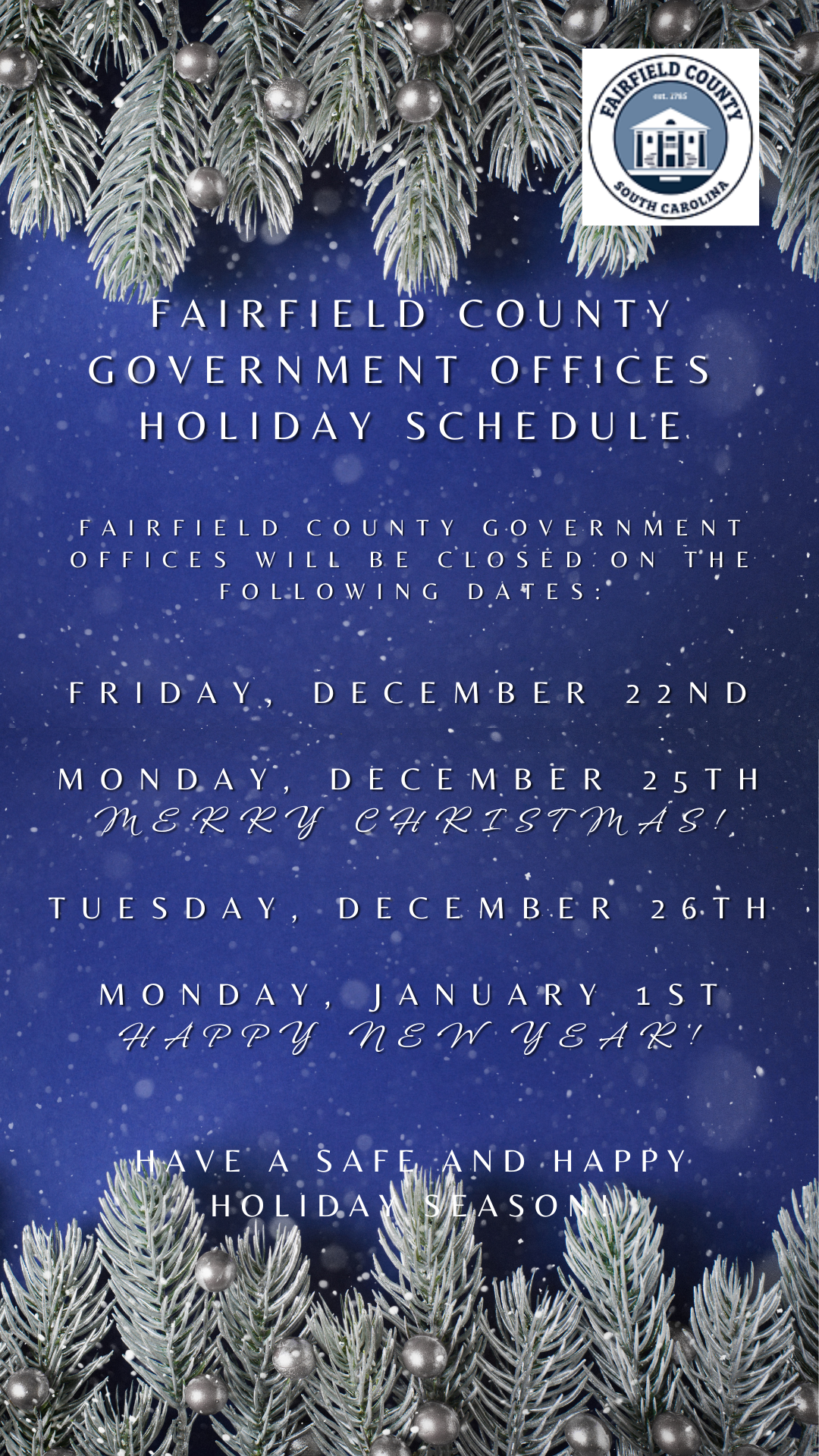 Featured image for Fairfield County Offices Holiday Schedule