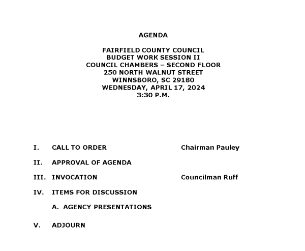 Image for Fairfield County Council Budget Work Session II