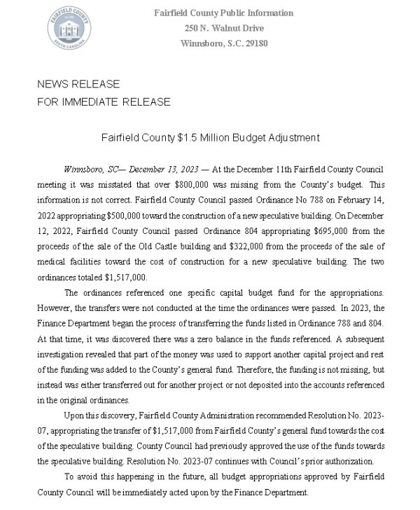 Image for Fairfield County $1.5 Million Budget Adjustment Statement